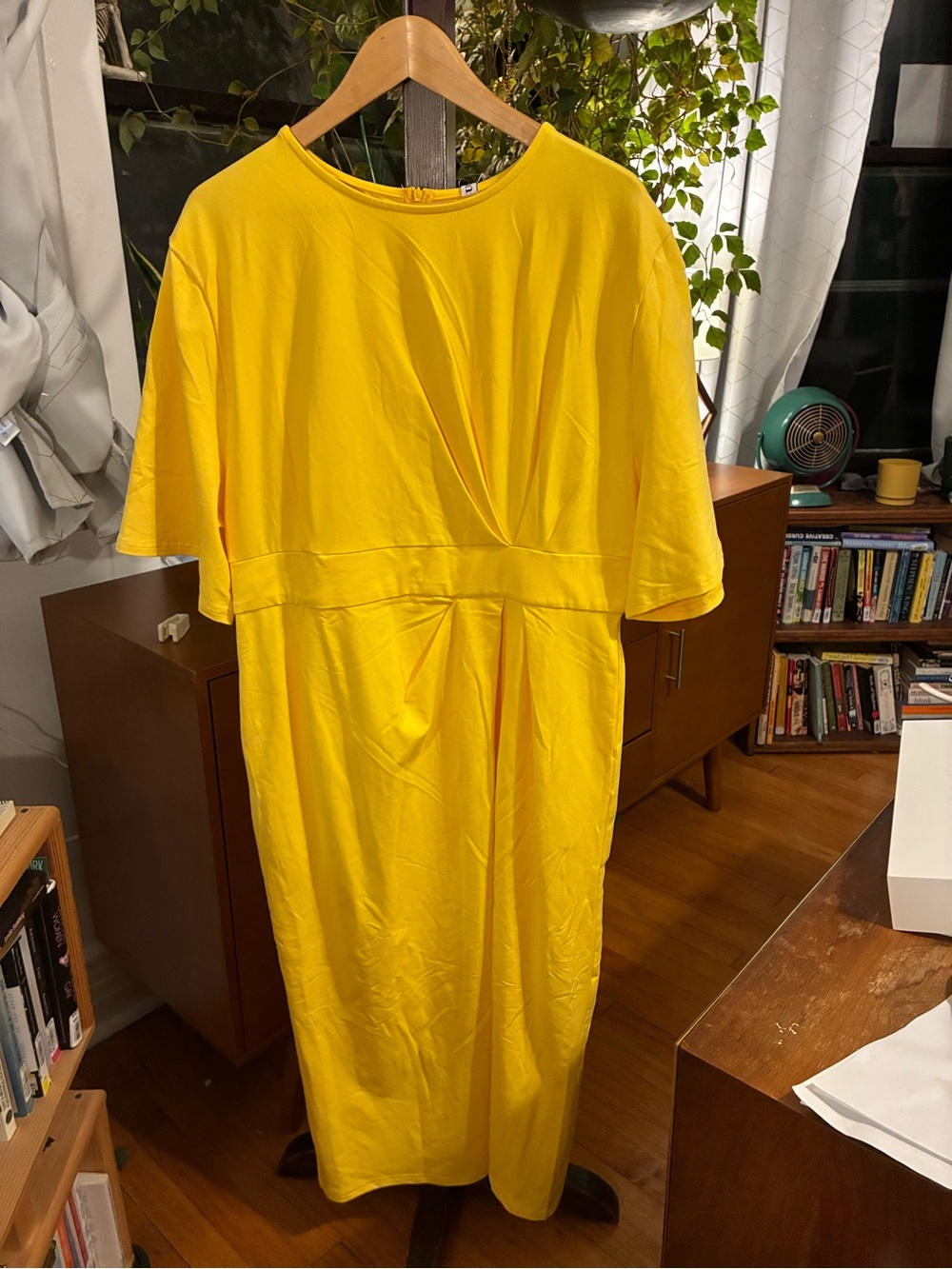 Women's Yellow draped Twist-Front Midi Dress